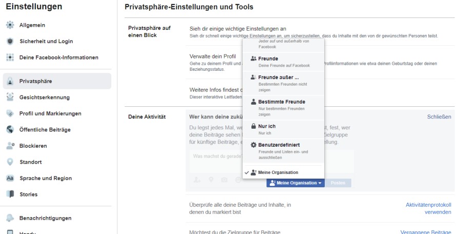 Dieses Bild zeigt die Privatsphäre-Einstellungen auf Facebook.com zur Sichtbarkeit der eigenen Inhalte