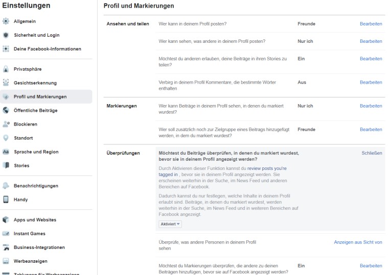 Dieses Bild zeigt die Privatsphäre-Einstellungen auf Facebook.com zu Profil und Markierungen