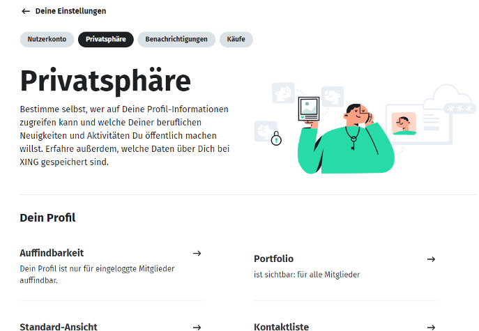 Dieses Bild zeigt die Privatsphäre-Einstellungen auf Xing.com