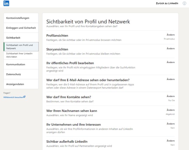 Dieses Bild zeigt Einstellungen zur Sichtbarkeit von Profil und Netzwerk auf LinkedIn