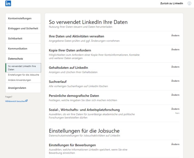 Dieses Bild zeigt Einstellungen zu Datenschutz auf LinkedIn